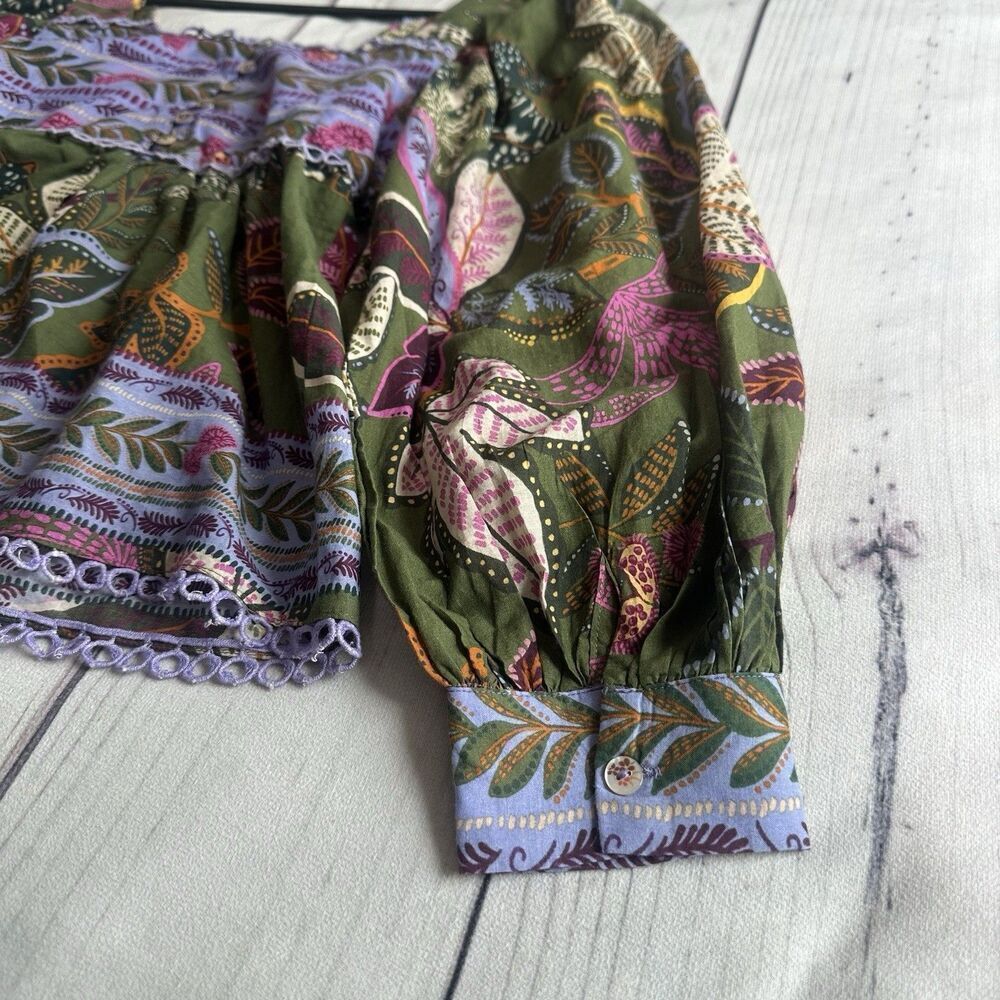 Farm Rio Blouse Top XS Green Jungle Fairy Boho Botanical Tropical Praire Resort - Picture 7 of 15